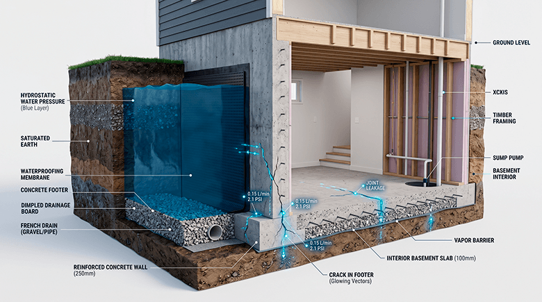 Engineering schematic demonstrating hydrostatic pressure forcing groundwater through concrete foundation walls and floor seams in a flooded basement