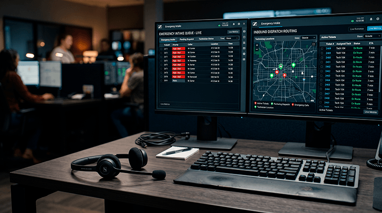 Close-up of a commercial disaster response dispatch desk showing telephone headsets and incoming service queue monitors