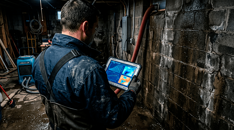 Restoration contractor reviewing psychrometric drying charts and infrared moisture maps on a digital tablet