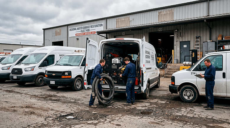 Line of professional white commercial water extraction vans parked inside a large regional staging warehouse ready for emergency dispatch