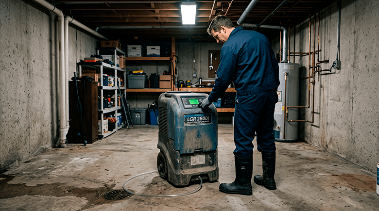 Industrial LGR dehumidifier array in a flooded basement for high-capacity drying