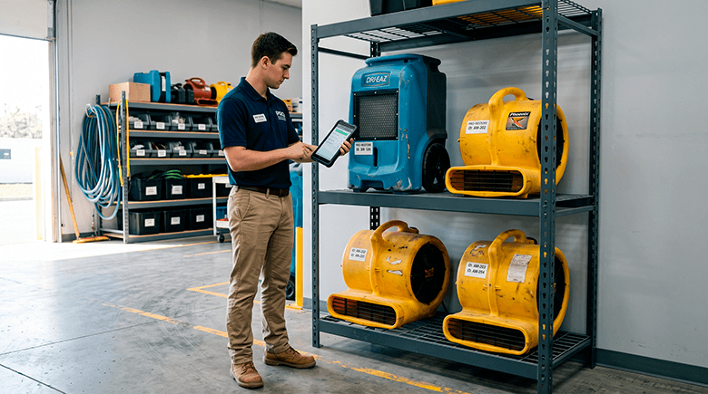 Rows of commercial water extraction machines and industrial dehumidifiers organized on metal racks inside a clean distribution depot