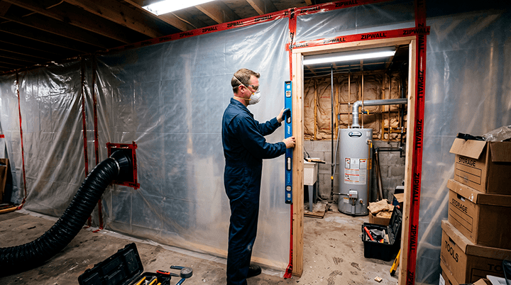 Restoration specialist setting up negative pressure HEPA containment for mold remediation
