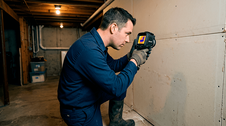 Restoration specialist using high-resolution thermal imaging camera to detect moisture pockets behind drywall and framing