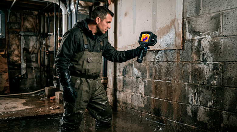 Restoration technician utilizing a FLIR infrared camera to trace hidden water migration paths