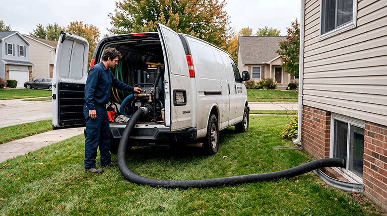 High-vacuum truck-mounted extraction unit drawing large volumes of standing floodwater out of a flooded commercial property through heavy-duty suction hoses